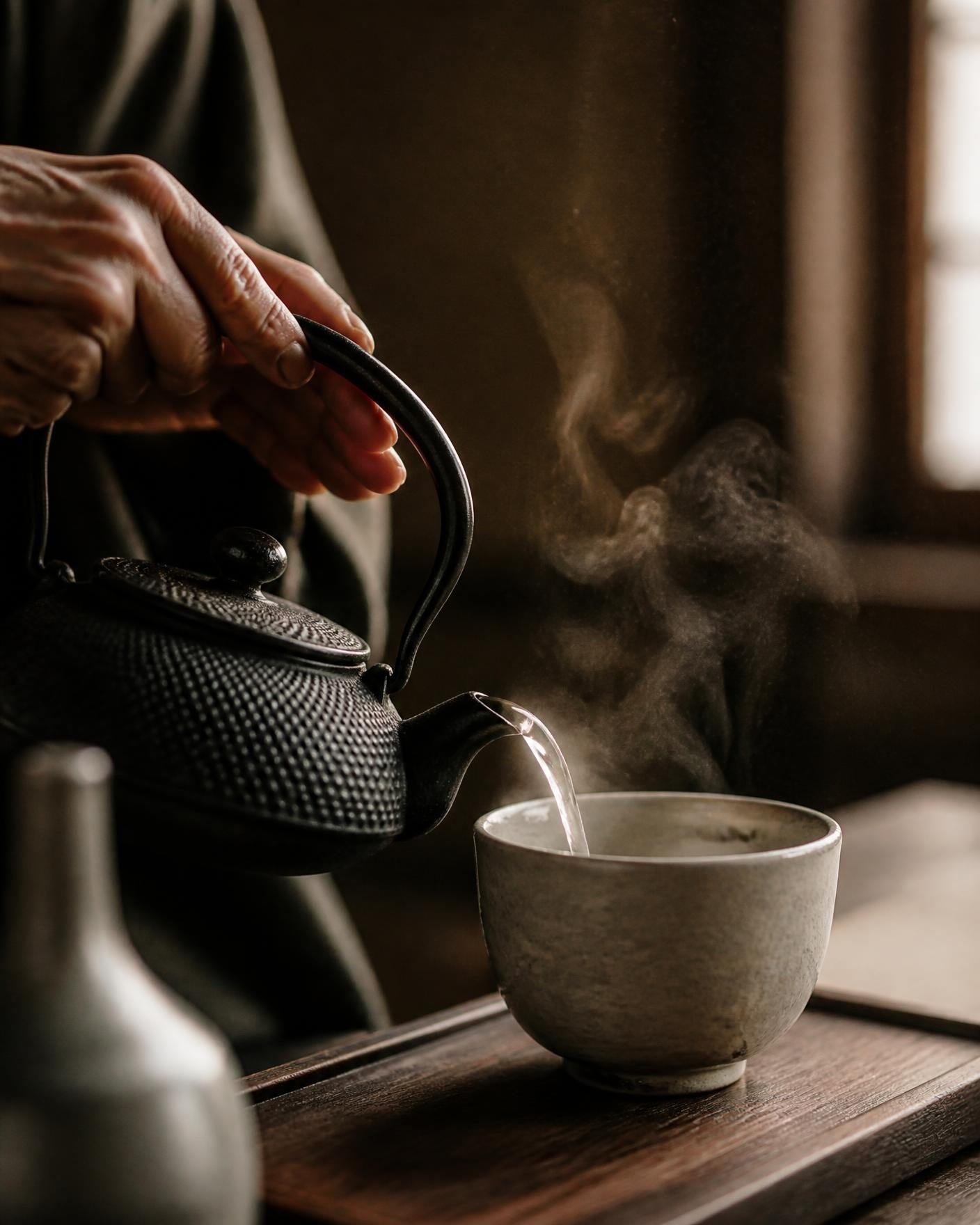 Cast iron kettle pouring water into a tea bowl